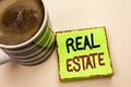 Word writing text Real Estate. Business concept for Residential Property Building Covered Land Chattels Real written on Green Stic Royalty Free Stock Photo