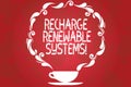 Word writing text Recharge Renewable Systems. Business concept for Clean and sustainable energy and nonpolluting Cup and