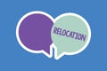 Word writing text Relocation. Business concept for Action of moving to a new place and establishing home or business