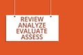 Word writing text Review Analyze Evaluate Assess. Business concept for Evaluation of performance feedback process Hanging board me