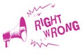 Word writing text Right Wrong. Business concept for choose between two decisions correct and bad one to make Purple megaphone loud