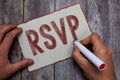 Word writing text Rsvp. Business concept for Please reply to an invitation indicating whether one plans to attend