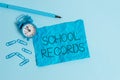 Word writing text School Records. Business concept for Information that is kept about a child at school Biography Metal