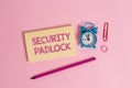 Word writing text Security Padlock. Business concept for hardened steel body and double locking shackle of extra one Royalty Free Stock Photo
