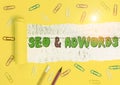 Word writing text Seo And Adwords. Business concept for Pay per click Digital marketing Google Adsense Stationary and