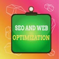 Word writing text Seo And Web Optimization. Business concept for Search Engine Keywording Marketing Strategies Clipboard