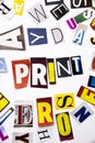 A word writing text showing concept of Print made of different magazine newspaper letter for Business case on the white background Royalty Free Stock Photo