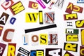 A word writing text showing concept of Win Lose made of different magazine newspaper letter for Business case on the white backgro Royalty Free Stock Photo