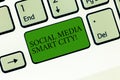 Word writing text Social Media Smart City. Business concept for Connected technological advanced modern cities Keyboard