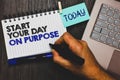 Word writing text Start Your Day On Purpose. Business concept for Have clean ideas of what you are going to do Paperclip Royalty Free Stock Photo