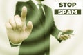 Word writing text Stop Spam. Business concept for end the Intrusive or Inappropriate messages sent on the Internet Male
