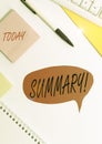 Word writing text Summary. Business concept for brief statement or account of main points of something subject Red bubble copy Royalty Free Stock Photo