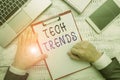 Word writing text Tech Trends. Business concept for technology that is recently becoming popular and accepted Hand hold