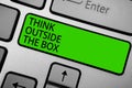 Word writing text Think Outside The Box. Business concept for Be unique different ideas bring brainstorming Keyboard green button Royalty Free Stock Photo