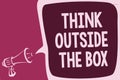 Word writing text Think Outside The Box. Business concept for Be unique different ideas bring brainstorming Reporting thinking ala Royalty Free Stock Photo