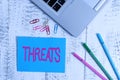 Word writing text Threats. Business concept for Statement of an intention to inflict pain hostile action on someone Trendy