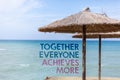 Word writing text Together Everyone Achieves More. Business concept for Teamwork Cooperation Attain Acquire Success Blue beach wat