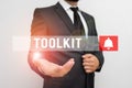 Word writing text Toolkit. Business concept for set of tools kept in a bag or box and used for a particular purpose Male human Royalty Free Stock Photo