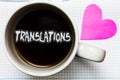 Word writing text Translations. Business concept for Written or printed process of translating words text voice Mug coffee lovely