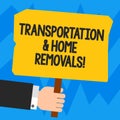 Word writing text Transportation And Home Removals. Business concept for Moving shipping packages new house Hu analysis