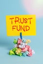 Word writing text Trust Fund. Business concept for money that is being held by the trustees for the beneficiaries Reminder pile