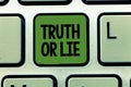 Word writing text Truth Or Lie. Business concept for Decision between being honest dishonest Choice Doubt Decide