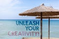 Word writing text Unleash Your Creativity Call. Business concept for Develop Personal Intelligence Wittiness Wisdom Blue beach wat