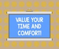 Word writing text Value Your Time And Comfort. Business concept for Take good care of yourself stay comfortable Blank Royalty Free Stock Photo