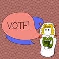 Word writing text Vote. Business concept for Formalized decision on important matters electing Girl Holding Book with