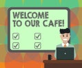 Word writing text Welcome To Our Cafe. Business concept for Greeting receiving showing in restaurant good attention Royalty Free Stock Photo