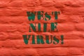 Word writing text West Nile Virus. Business concept for Viral infection cause typically spread by mosquitoes Brick Wall