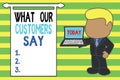 Word writing text What Our Customers Say. Business concept for to know Users Feedback the Consumers Reactions Standing