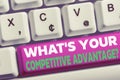 Word writing text What S Your Competitive Advantage Question. Business concept for Marketing strategy Plan White pc