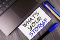 Word writing text What Is Your Story Question. Business concept for Telling personal past experiences Storytelling written on Whit Royalty Free Stock Photo