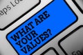 Word writing text What Are Your Values question. Business concept for asking someone about his good qualities Computer program use Royalty Free Stock Photo