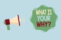 Word writing text What Is Your Why Question. Business concept for asking someone about their purpose in life Megaphone Royalty Free Stock Photo