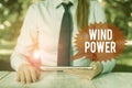 Word writing text Wind Power. Business concept for use of air flowto provide mechanical power to turn generators Female Royalty Free Stock Photo