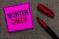 Word writing text Winter Check. Business concept for Coldest Season Maintenance Preparedness Snow Shovel Hiemal Pink paper Importa