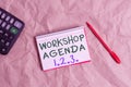 Word writing text Workshop Agenda 123. Business concept for help to ensure that Event Stays on Schedule Papercraft craft