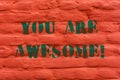 Word writing text You Are Awesome. Business concept for To have a great opinion about someone Admiration Wonder Brick