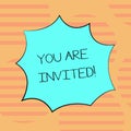 Word writing text You Are Invited. Business concept for Receiving and invitation for an event Join us to celebrate Blank Royalty Free Stock Photo