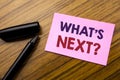 Word, writing What is Next Question. Business concept for Next Future Plan Vision Progress Goal Guidance Written on sticky note re Royalty Free Stock Photo