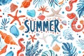 Word 'Summer' surrounded by marine life elements like starfish, seashell, and seaweed. Colorful illustration