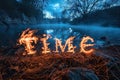 word "time" burning, blue night landscape with pond in background. Royalty Free Stock Photo