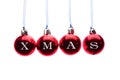 Word xmas on red christmas balls hanging on white background Royalty Free Stock Photo