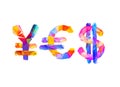 Word Yes of currency symbols - yen, euro, dollar.