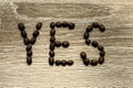 The word `Yes` laid out with roasted arabica coffee beans