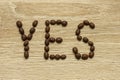 The word `Yes` laid out with roasted arabica coffee beans