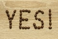 The word `Yes` laid out with roasted arabica coffee beans