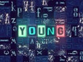 The word Young as neon glowing unique typeset symbols, luminous letters young